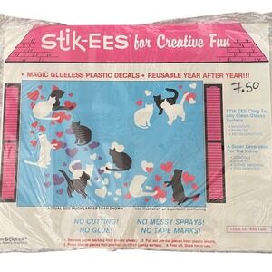 Vtg Stik-ees Window Clings 90s Teacher School kitty love hearts pink‎ purple red
